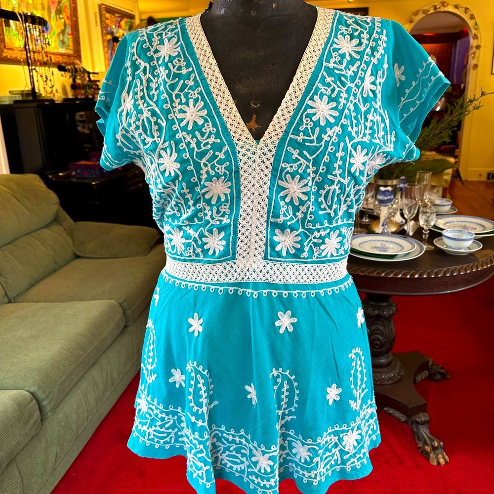 Cotton Aqua Blue Embroidery & Cutwork India Pakistan Short Kurta Top - Size M